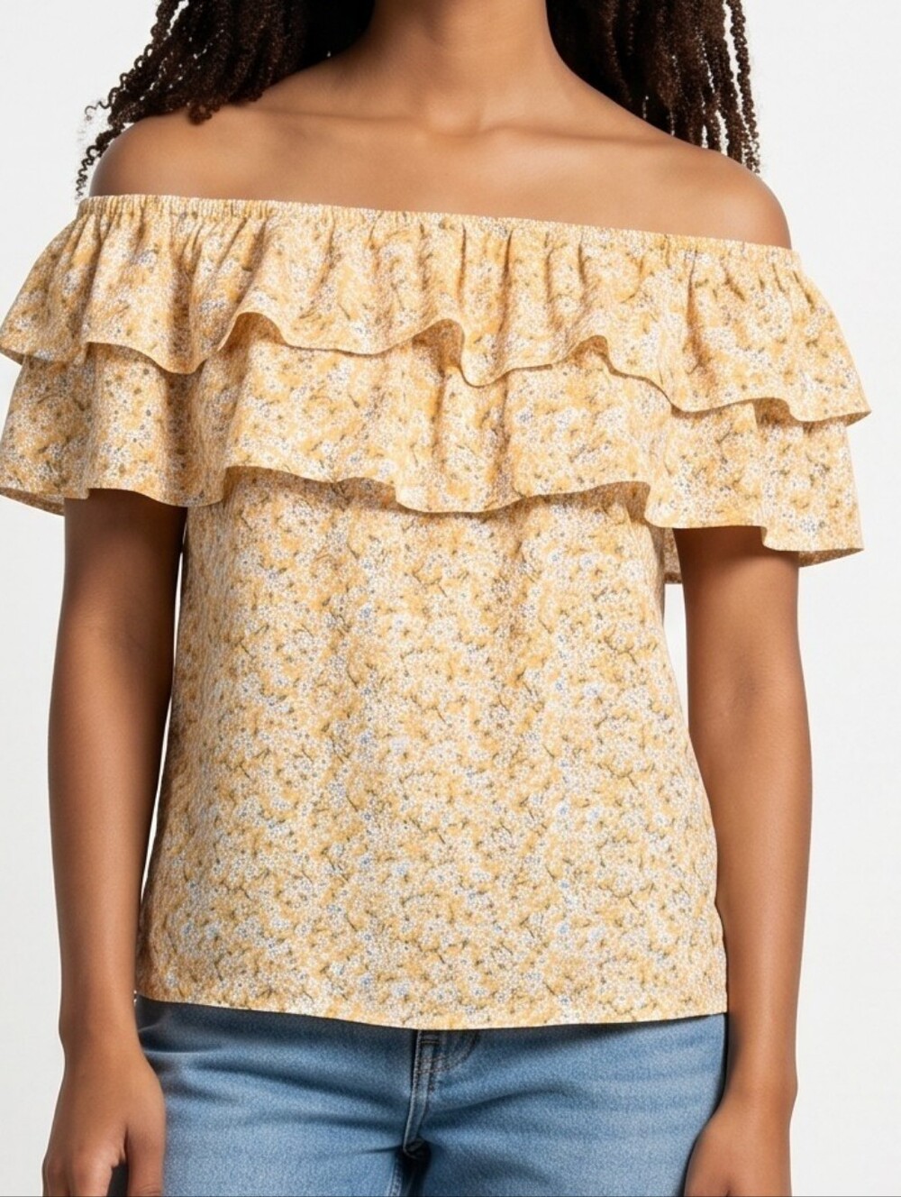 Yellow Floral Off-Shoulder Ruffle Crop Top